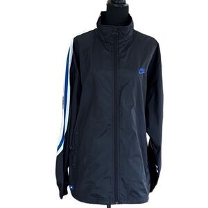 Nike black with blue/white sleeve stripe zip front windbreaker style jacket XL